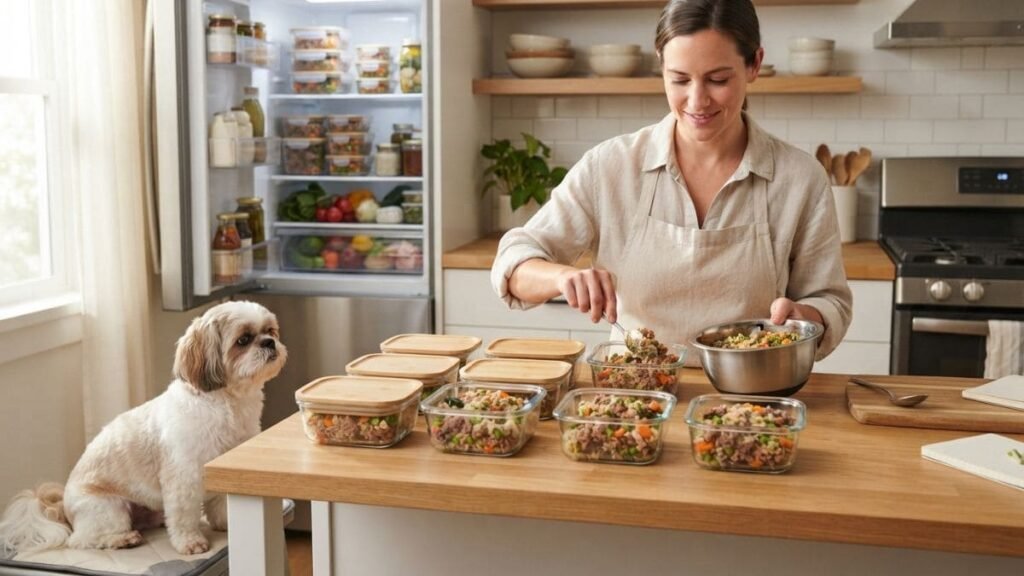 Porções de comida caseira para Shih Tzu sendo organizadas em recipientes próprios para armazenamento.