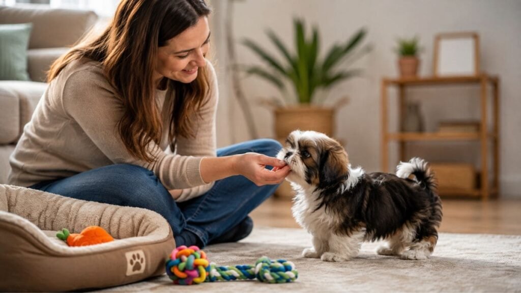 Tutor interagindo com um filhote de Shih Tzu tricolor em ambiente residencial
