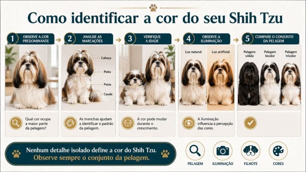 Como identificar a cor do Shih Tzu observando a pelagem, marcações e tonalidades.
