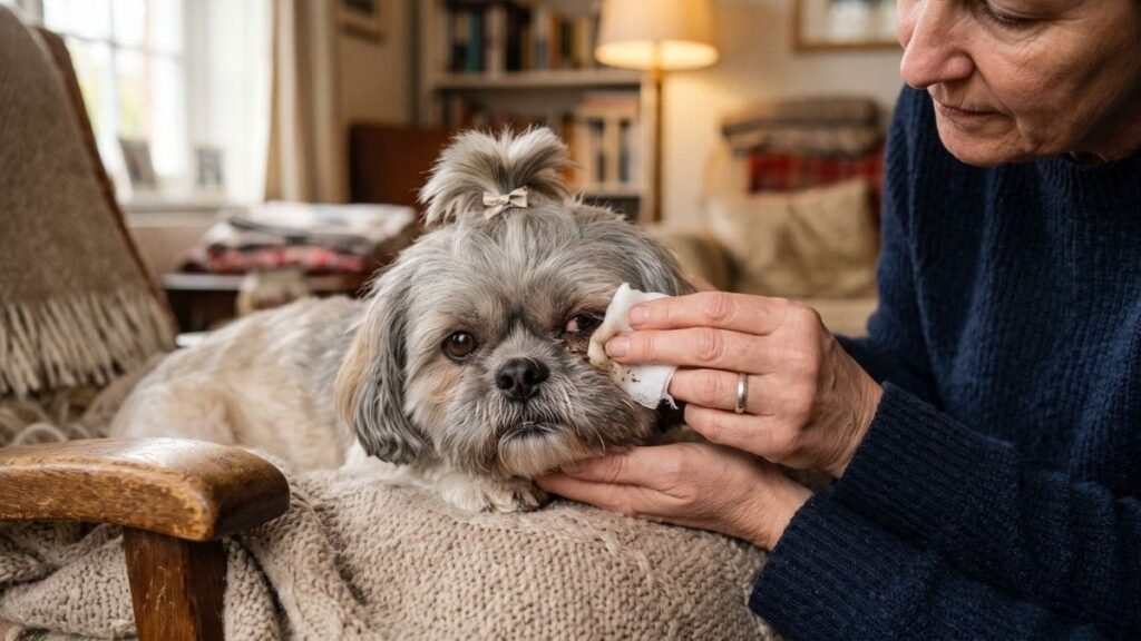 Remela no Olho do Shih Tzu: Quando a Secreção Deixa de Ser Normal? 3 Mão humana usando gaze umedecida em soro para retirar a remela no olho do Shih Tzu.