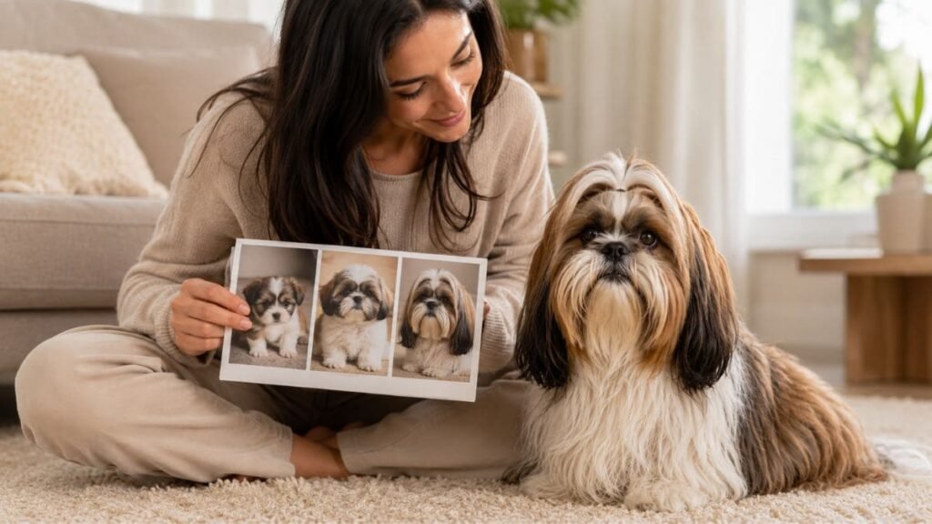 Shih Tzu Filhote e Adulto: Veja Como a Raça Muda 2 Shih Tzu adulto ao lado de fotos mostrando sua evolução desde a fase de filhote