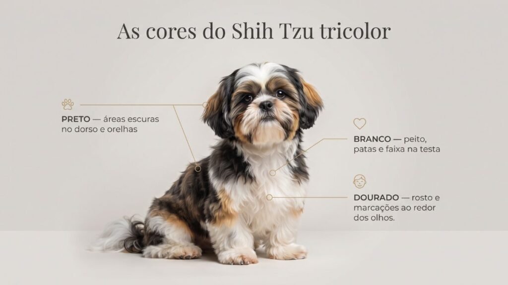 Infográfico mostrando as cores preta, branca e dourada da pelagem do Shih Tzu tricolor