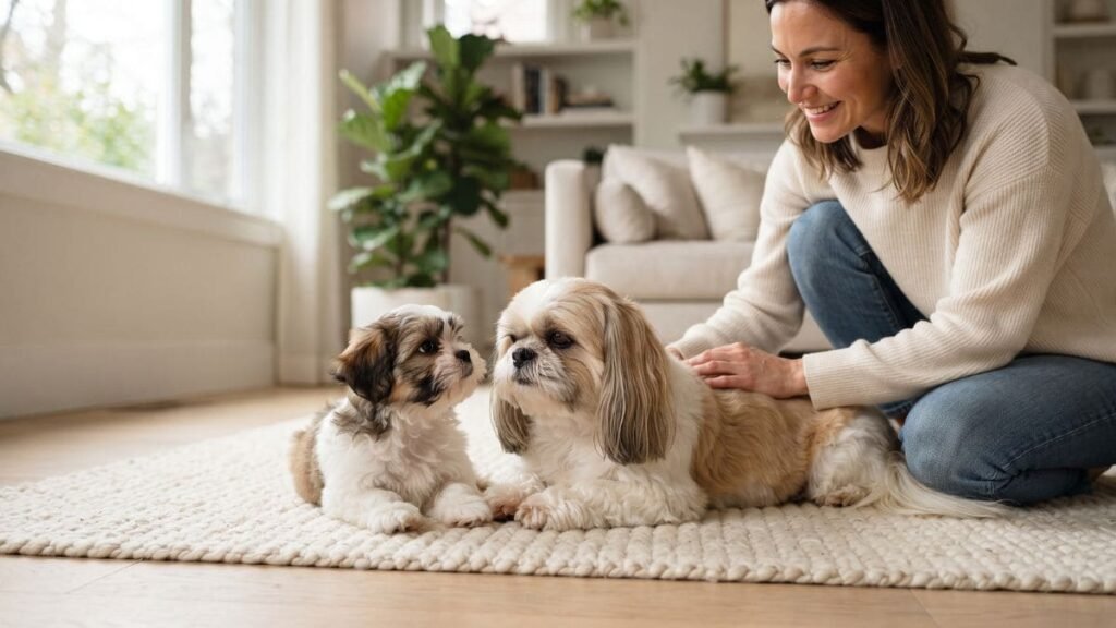 Shih Tzu Filhote e Adulto: Veja Como a Raça Muda 3 Shih Tzu filhote e adulto lado a lado mostrando a diferença de tamanho durante o crescimento