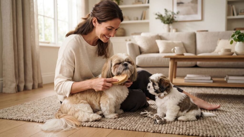 Shih Tzu Filhote e Adulto: Veja Como a Raça Muda 4 Pessoa cuidando de um Shih Tzu filhote e de um Shih Tzu adulto em uma sala acolhedora