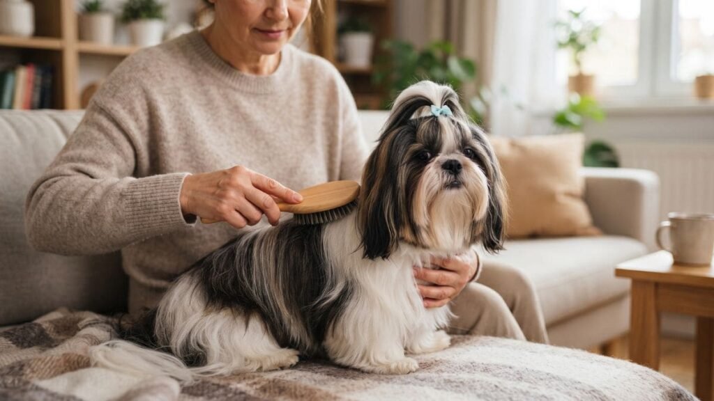 Tutor escovando cuidadosamente a pelagem de um Shih Tzu tricolor em casa