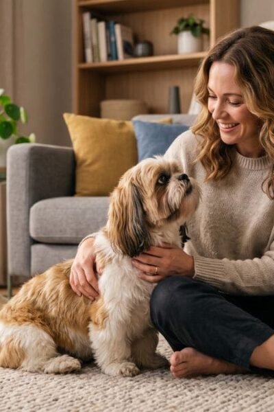 Pessoa adulta ao lado de um Shih Tzu em um momento de carinho no Dia Internacional do Cachorro