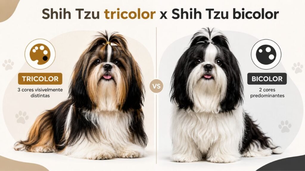 Infográfico comparando um Shih Tzu tricolor com um Shih Tzu bicolor preto e branco