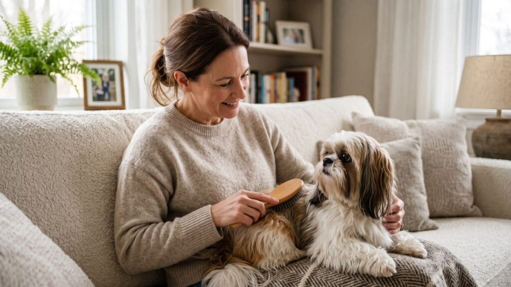 26 de Agosto: Dia Internacional do Cachorro — Um Dia Especial para Celebrar Seu Shih Tzu 4 Pessoa adulta escovando delicadamente um Shih Tzu em casa