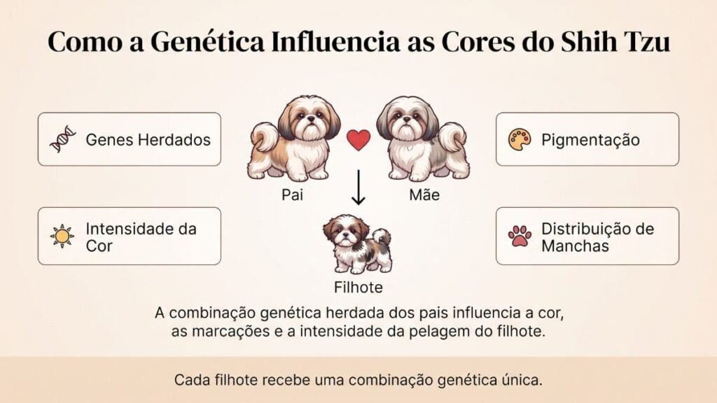 Como a genética influencia as cores, tonalidades e marcações da pelagem do Shih Tzu.