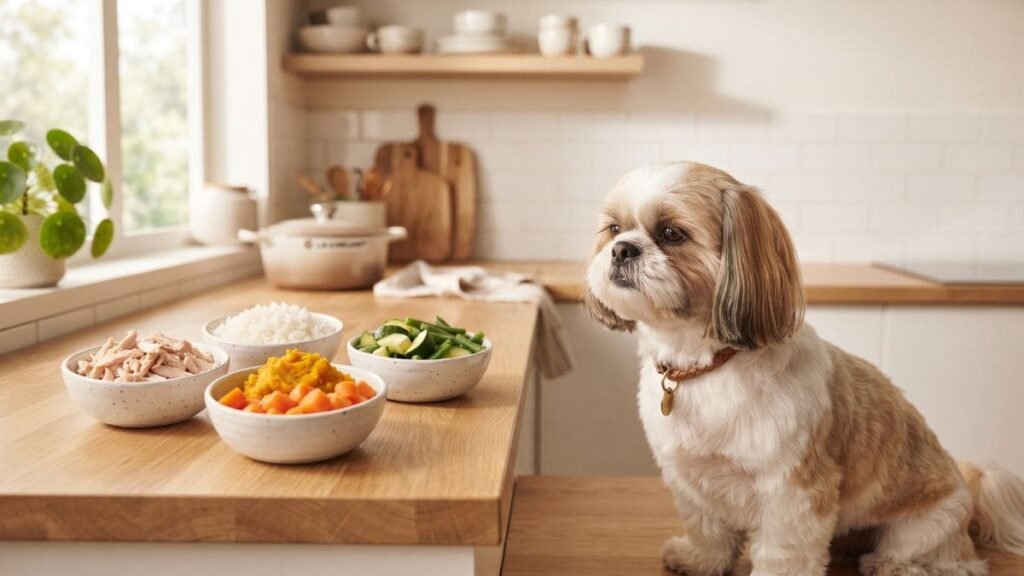 Ingredientes frescos que podem fazer parte de uma alimentação caseira planejada para Shih Tzu.