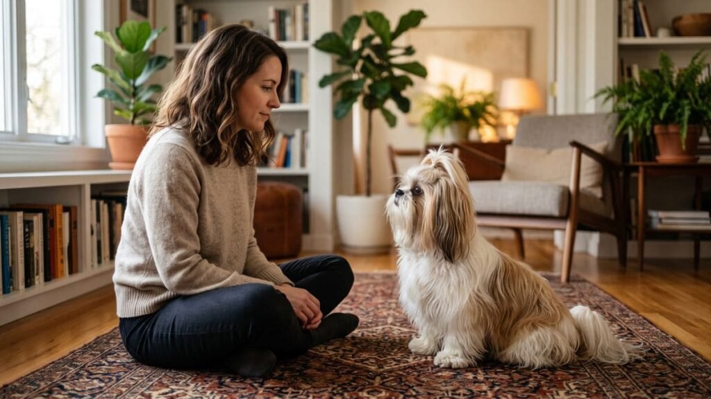 Tutor observa a linguagem corporal de um Shih Tzu