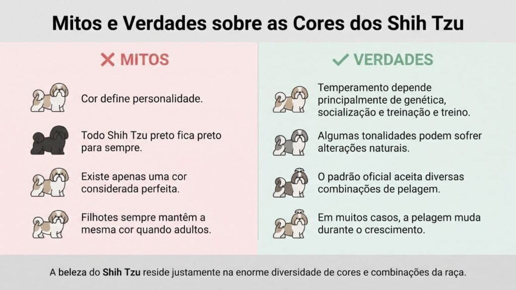 Mitos e verdades sobre as cores do Shih Tzu, mudanças de pelagem e padrões de cores da raça.
