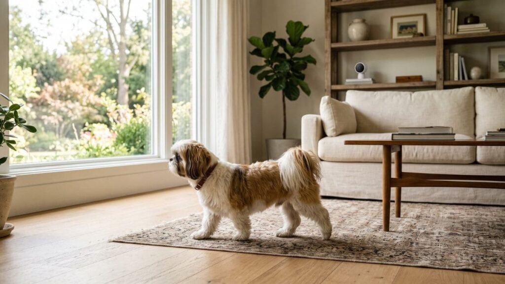 Shih Tzu sozinho em casa com uma câmera doméstica de monitoramento ao fundo