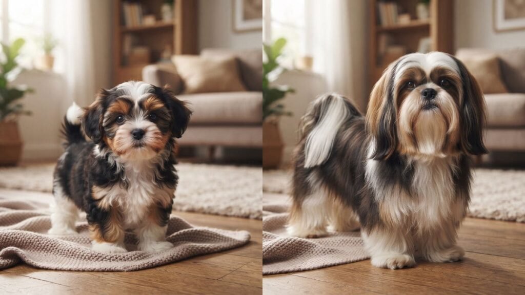 Comparação entre um filhote e um Shih Tzu tricolor adulto com mudanças naturais na pelagem