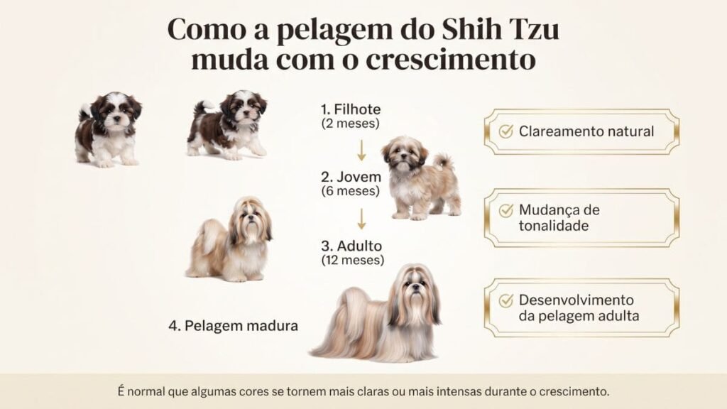 Linha do tempo mostrando a mudança da pelagem do Shih Tzu do filhote ao adulto.