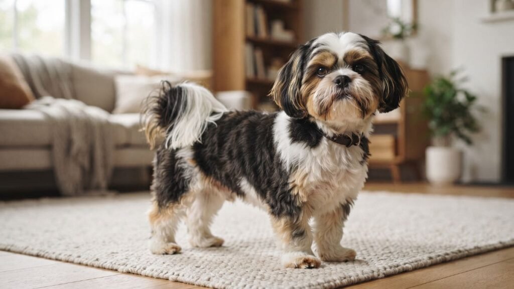 Shih Tzu tricolor com manchas pretas, brancas e douradas visíveis na pelagem