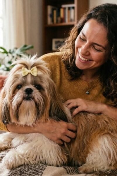 Por que os brasileiros amam o Shih Tzu: cão recebendo carinho de uma mulher