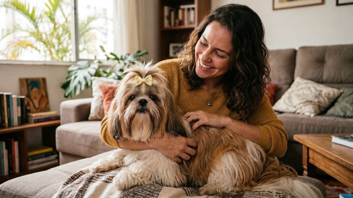Por que os brasileiros amam o Shih Tzu: cão recebendo carinho de uma mulher