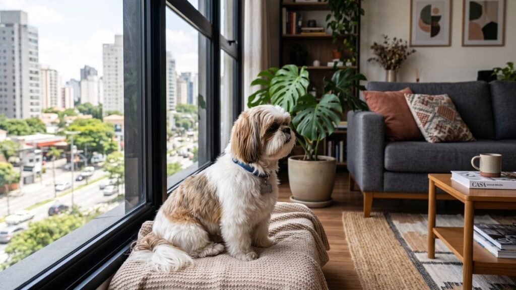 Por Que os Brasileiros Amam Tanto o Shih Tzu? 4 Shih Tzu em apartamento brasileiro bem iluminado