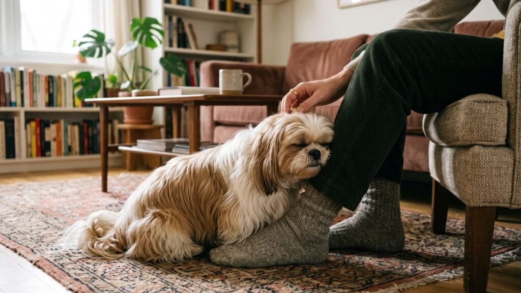 Shih Tzu apoia a cabeça na perna do tutor durante um momento tranquilo