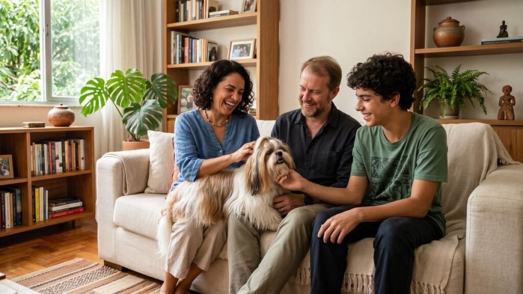Por Que os Brasileiros Amam Tanto o Shih Tzu? 3 Família brasileira fazendo carinho em um Shih Tzu