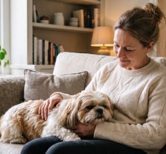 Shih Tzu encosta a cabeça em você durante um momento de carinho