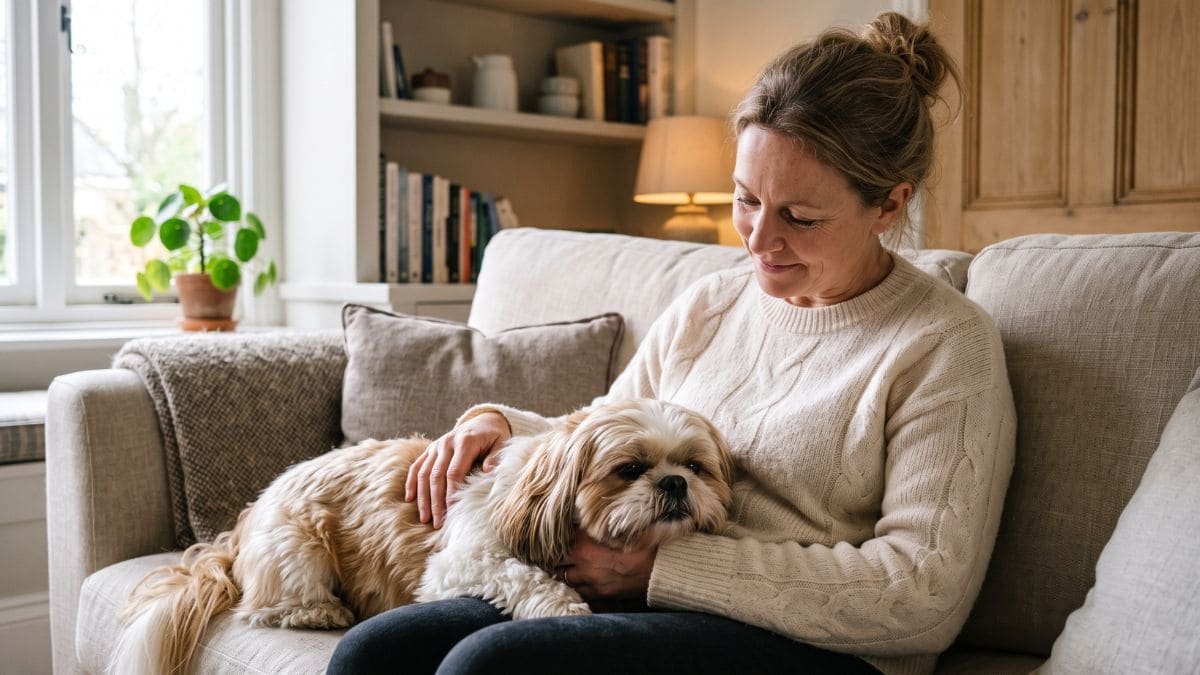 Shih Tzu encosta a cabeça em você durante um momento de carinho