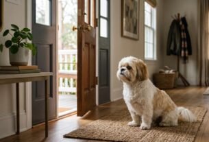 O que seu Shih Tzu sente quando fica sozinho: Shih Tzu sentado próximo à porta de casa após o tutor sair