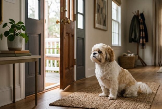 O que seu Shih Tzu sente quando fica sozinho: Shih Tzu sentado próximo à porta de casa após o tutor sair