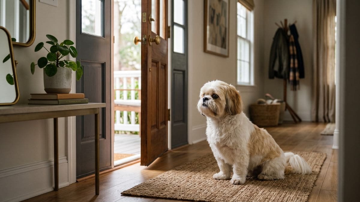 O que seu Shih Tzu sente quando fica sozinho: Shih Tzu sentado próximo à porta de casa após o tutor sair