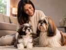Shih Tzu filhote e adulto juntos mostrando as mudanças da raça ao crescer