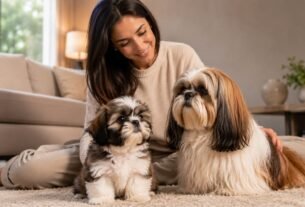 Shih Tzu filhote e adulto juntos mostrando as mudanças da raça ao crescer