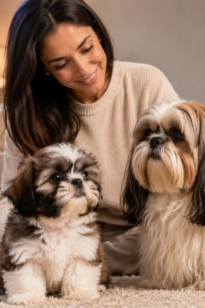 Shih Tzu filhote e adulto juntos mostrando as mudanças da raça ao crescer