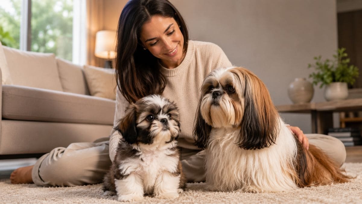 Shih Tzu filhote e adulto juntos mostrando as mudanças da raça ao crescer