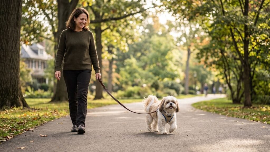 Aos 11 Anos, Estes Foram os 3 Cuidados Que Ajudaram a Manter a Vitalidade da Nossa Shih Tzu 5 Shih Tzu idoso caminhando com seu tutor em um parque