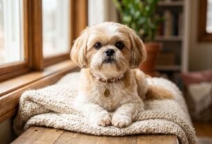 Cadela Shih Tzu idosa e saudável sem acúmulo de remela no olho do Shih Tzu.