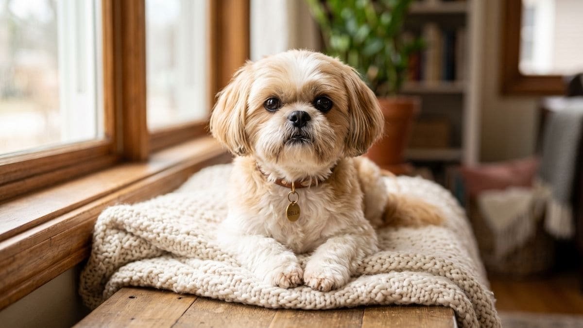 Remela no Olho do Shih Tzu: Quando a Secreção Deixa de Ser Normal? 1 Cadela Shih Tzu idosa e saudável sem acúmulo de remela no olho do Shih Tzu.