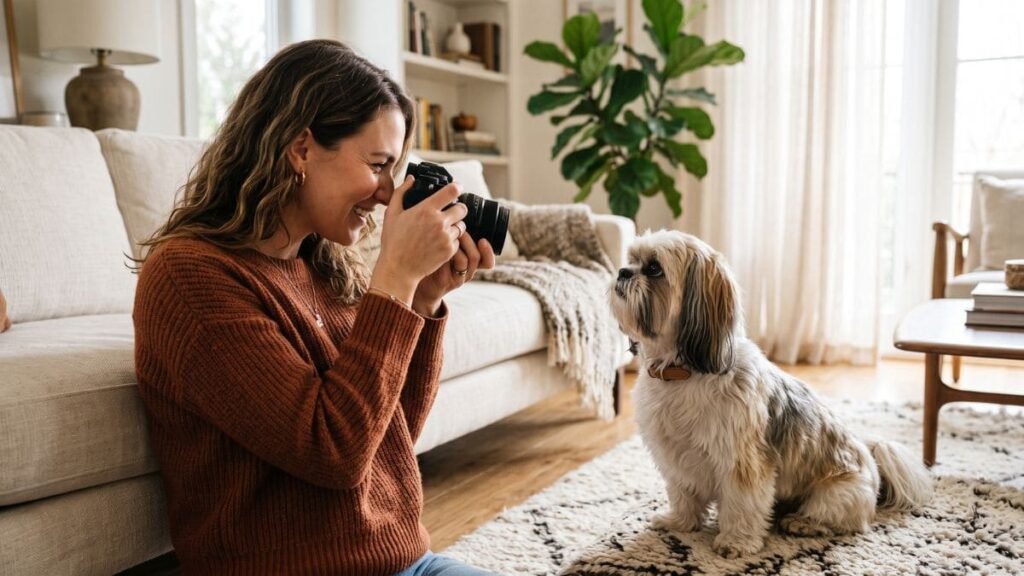 26 de Agosto: Dia Internacional do Cachorro — Um Dia Especial para Celebrar Seu Shih Tzu 3 Pessoa adulta fotografando um Shih Tzu durante um momento especial em casa