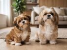 Shih Tzu filhote e adulto mostrando mudanças naturais na tonalidade da pelagem ao longo do crescimento