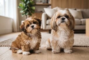 Shih Tzu filhote e adulto mostrando mudanças naturais na tonalidade da pelagem ao longo do crescimento