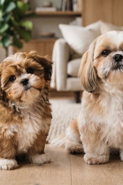 Shih Tzu filhote e adulto mostrando mudanças naturais na tonalidade da pelagem ao longo do crescimento