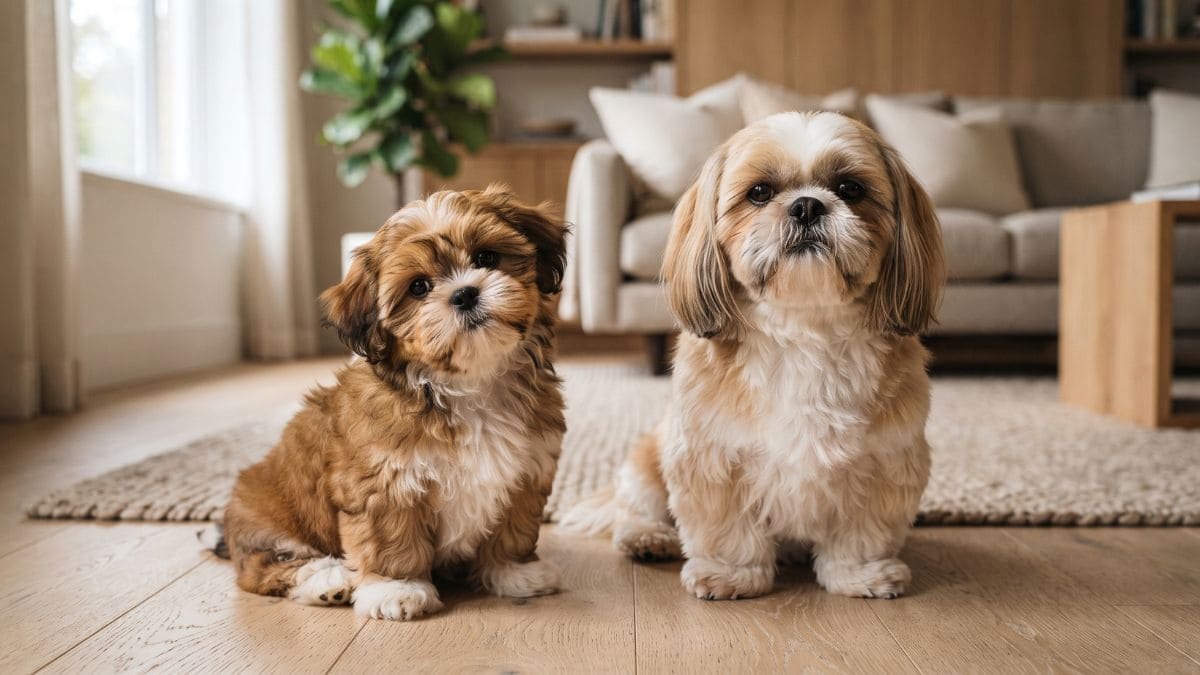 Shih Tzu Muda de Cor? Entenda as Mudanças da Pelagem 1 Shih Tzu filhote e adulto mostrando mudanças naturais na tonalidade da pelagem ao longo do crescimento
