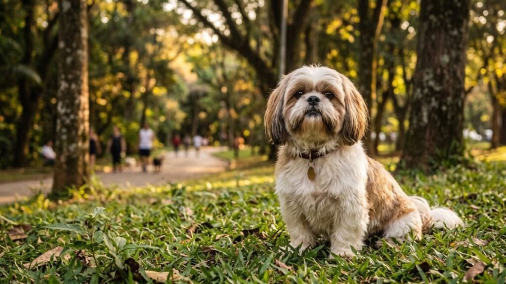 Por Que os Brasileiros Amam Tanto o Shih Tzu? 6 Shih Tzu sentado em parque durante o fim da tarde