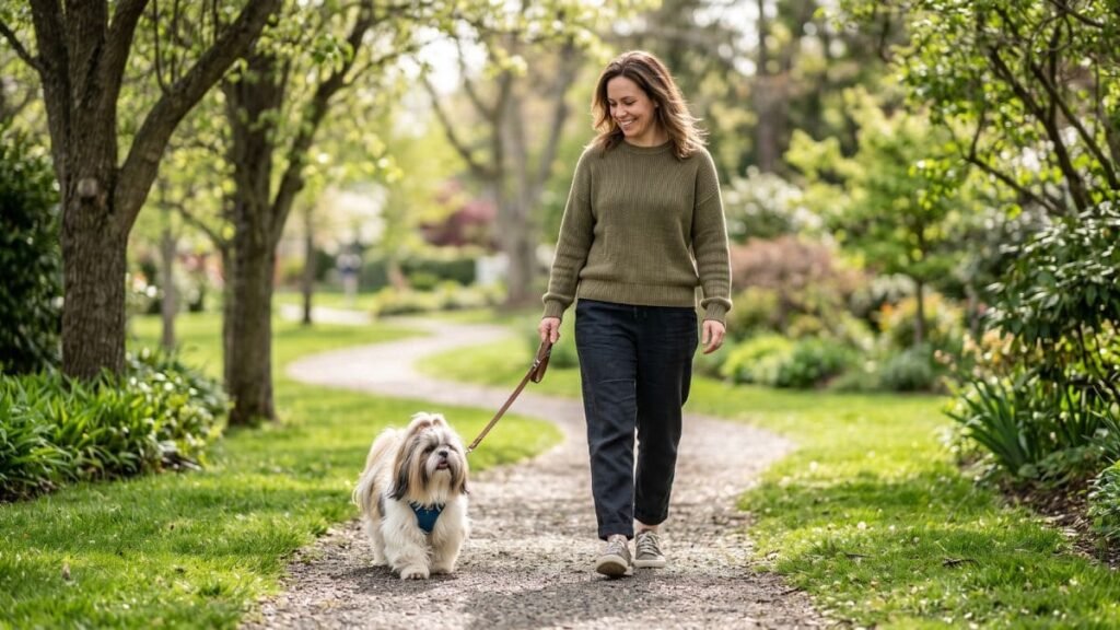 26 de Agosto: Dia Internacional do Cachorro — Um Dia Especial para Celebrar Seu Shih Tzu 2 Pessoa adulta caminhando com um Shih Tzu em uma área verde
