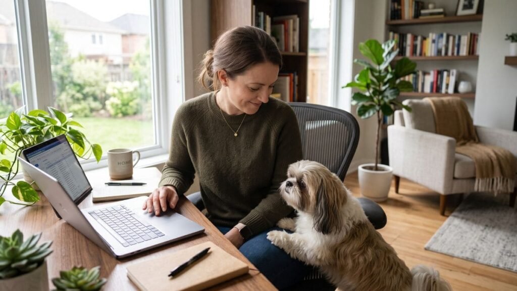 Shih Tzu apoia a cabeça na perna do tutor enquanto ele trabalha