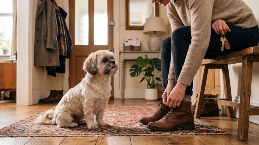 Shih Tzu observa o tutor enquanto ele se prepara para sair de casa