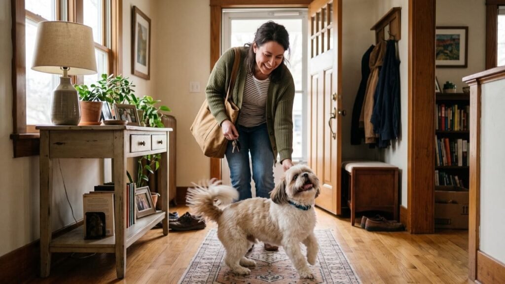 Shih Tzu recebe alegremente o tutor quando ele volta para casa