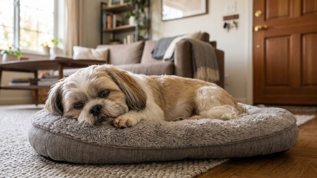 Shih Tzu descansando tranquilamente em uma cama enquanto está sozinho em casa