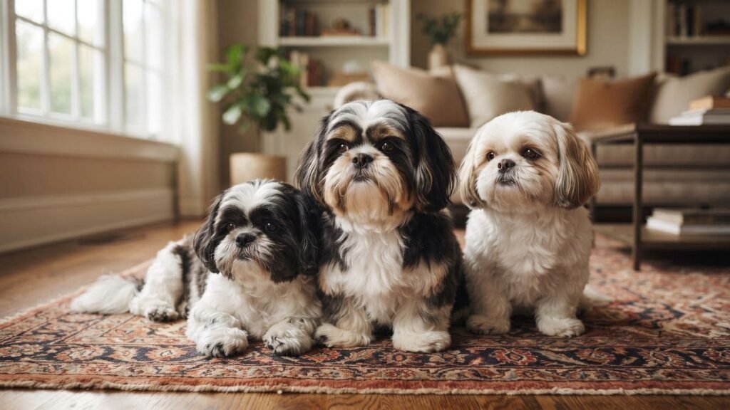 Shih Tzus com diferentes combinações de cores, incluindo um Shih Tzu tricolor