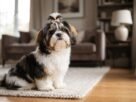 Fotografia de um cão Shih Tzu tricolor pequeno e peludo, com pelagem nas cores branco, preto e dourado, sentado em um tapete claro em uma sala de estar aconchegante. O pet possui um topete preso com um pequeno laço bege no topo da cabeça.